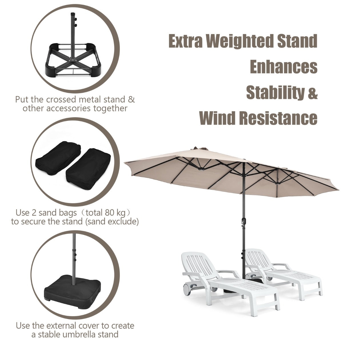 Double-Sided Patio Umbrella with Hand-Crank System and Enhanced Base for Residential and Commercial Use-Beige