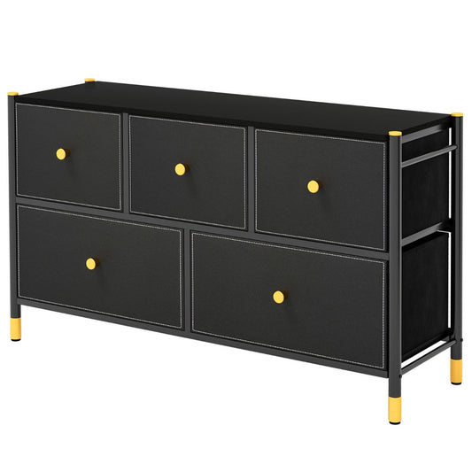 Black storage chest features three medium drawers and two spacious large fabric drawers