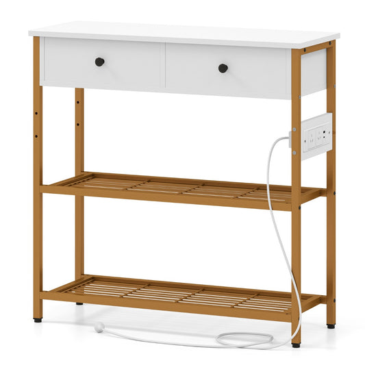Entryway Table with Charging Station and 2 Metal Mesh Shelves-White