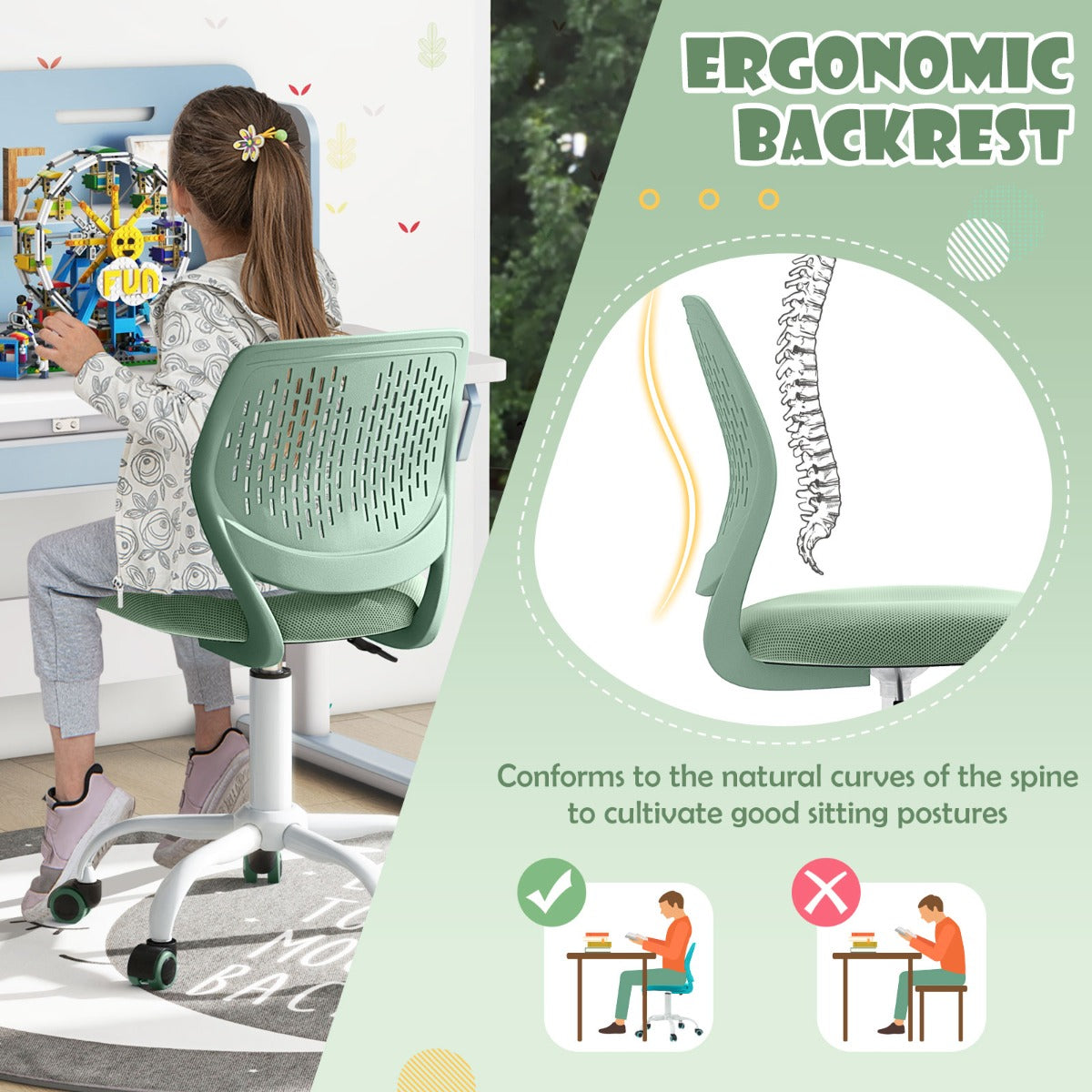 Ergonomic Children Study Chair with Adjustable Height for Boys Girls Teens-Light Green
