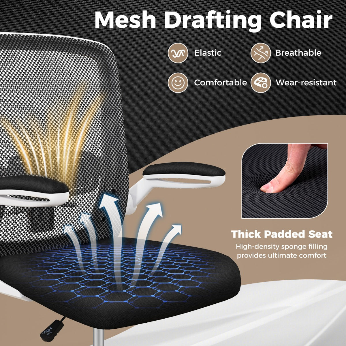 Ergonomic Drafting Chair with Flip-Up Armrest-White