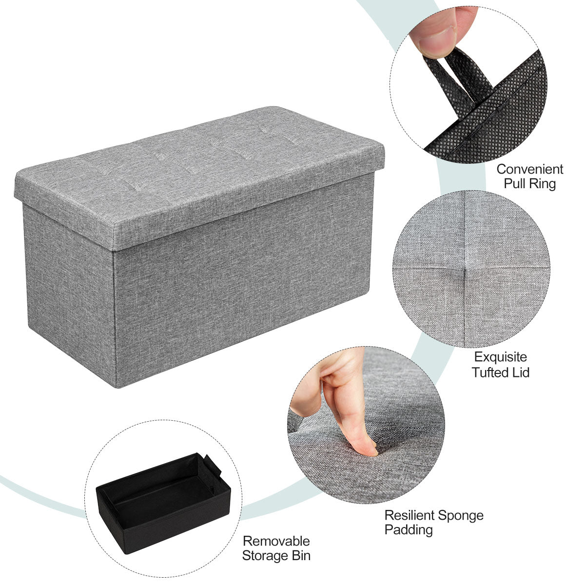 Costway 80 cm Fabric Foldable Storage Ottoman with Padded Seat for Living Room Bedroom Entryway-Grey