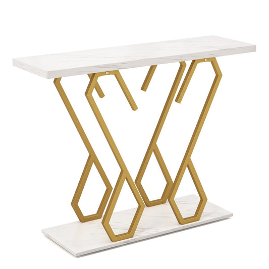 Faux Marble Console Table with Adjustable Foot Pads for Living Room-White
