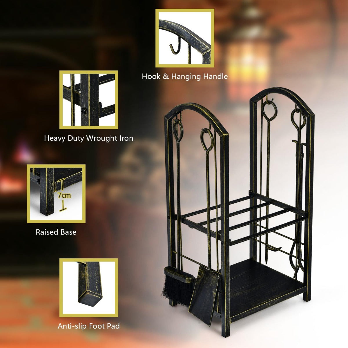 Firewood Rack with 4 Fireplace Tools for Indoor Outdoor or Backyard Garden Use-Bronze