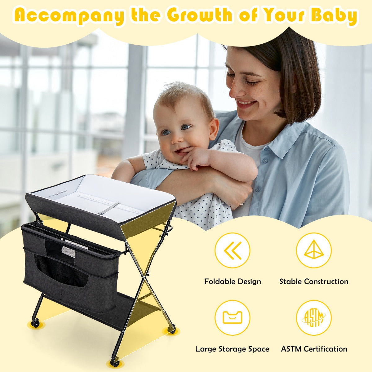 Foldable Baby Changing Table with 4 Adjustable Heights-Black