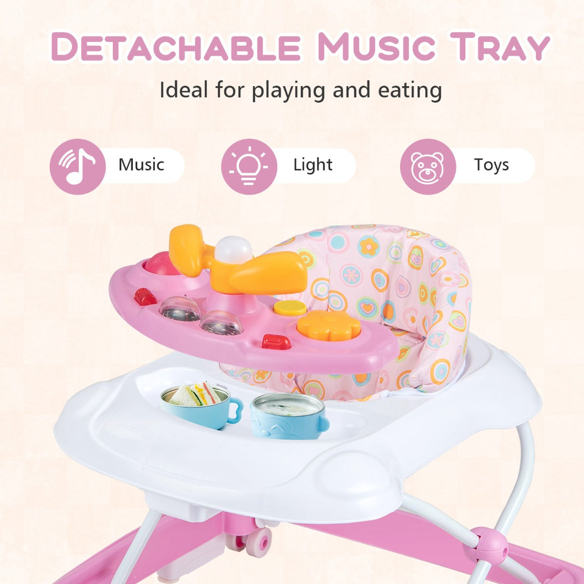Foldable Baby Walker with 3 Adjustable Heights Comfy Padded Seat Lights and Music Tray-Pink