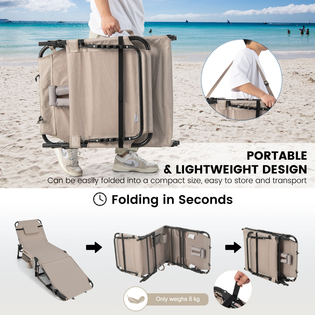 Foldable Beach Lounge Chair with 5-Position Adjustable Backrest-Beige