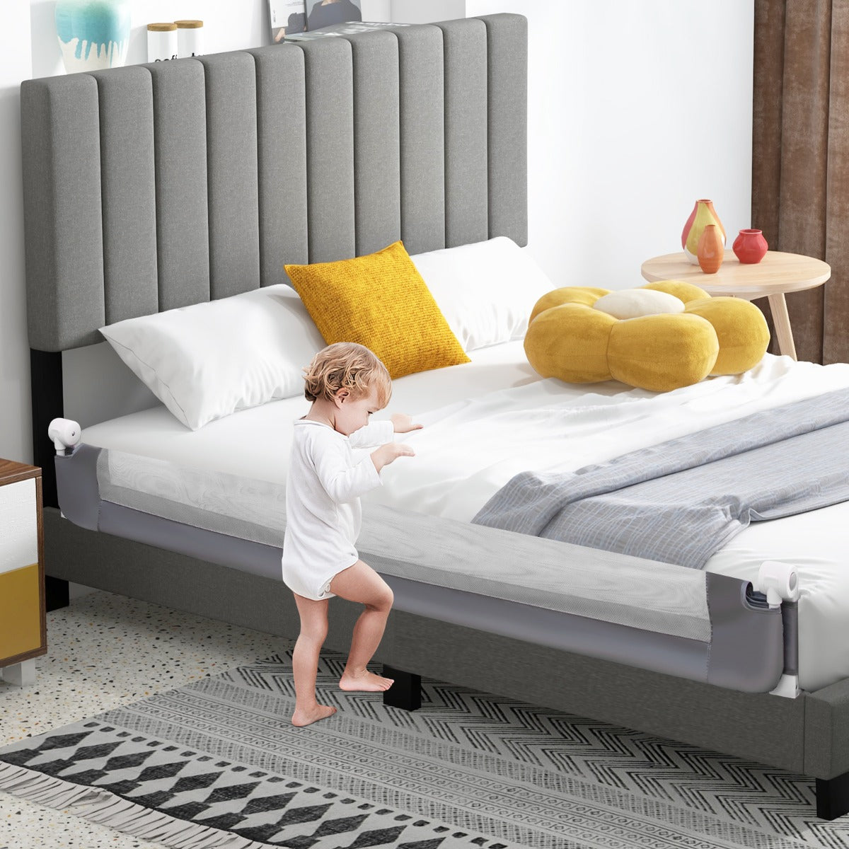 180cm x 42cm Foldable Bed Rail with Adjustable Safety Strap for Toddlers-Grey