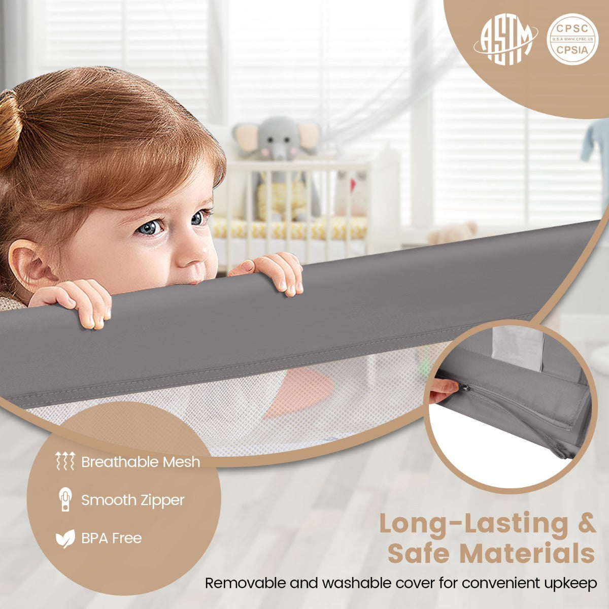 Foldable Mesh Bed Rail with Safety Straps for Toddlers-Grey