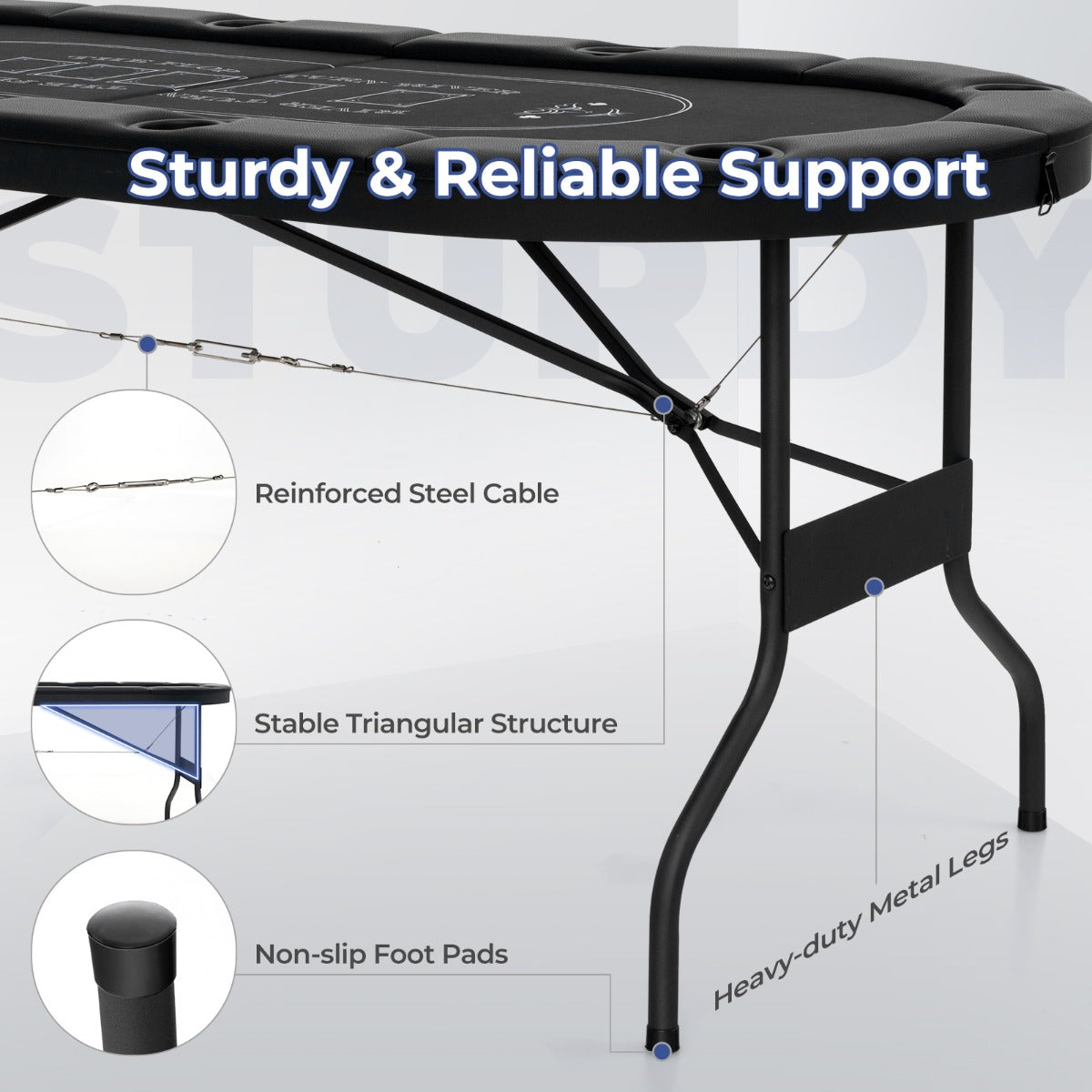 1.8m Foldable Poker Table with Padded Railings & Metal Cup Holders for 8 Players
