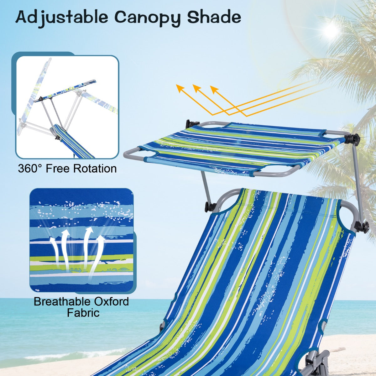 Costway Foldable Sun Shading Lounge Chair with Side Storage Pocket for Garden-Multicolour