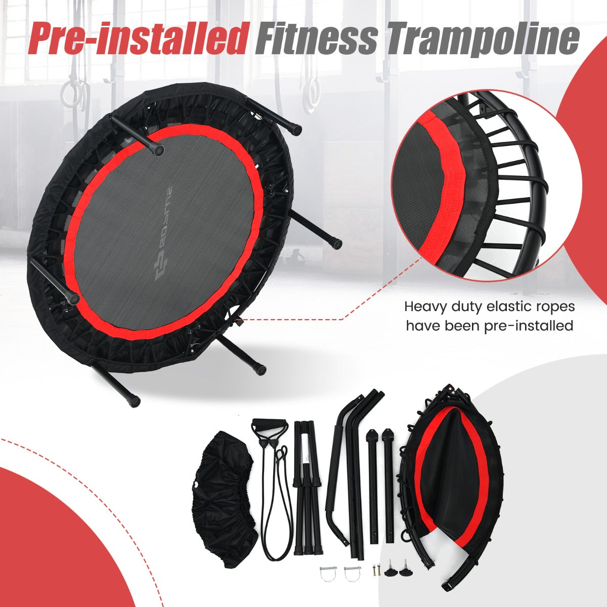 Costway 40 Inch Foldable Trampoline with 2 Resistance Bands-Red