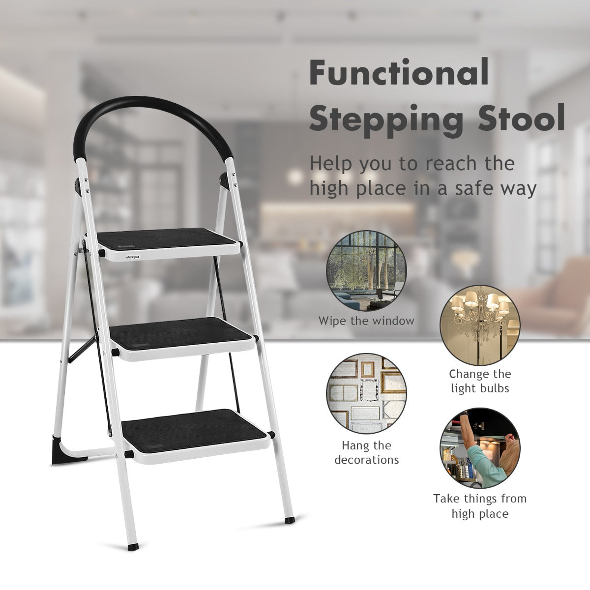 Costway Folding 3 Steps Iron Stepladder with Platform and Handrail