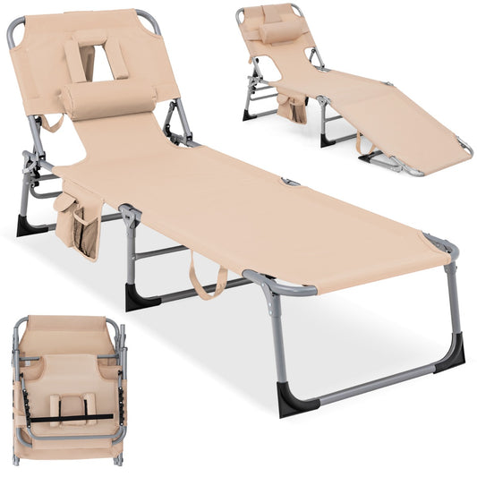 Costway Folding Beach Lounge Chair with Pillow for Outdoor-Beige