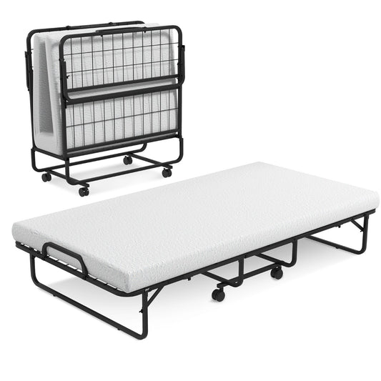 Folding Bed with Memory Foam Mattress Metal Frame and 4 Universal Wheels