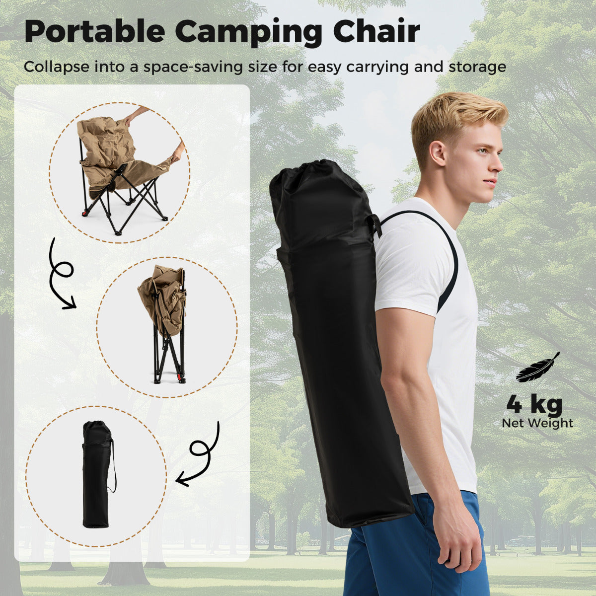 Folding Camping Chair with Adjustable Backrest and Padded Seat-Khaki