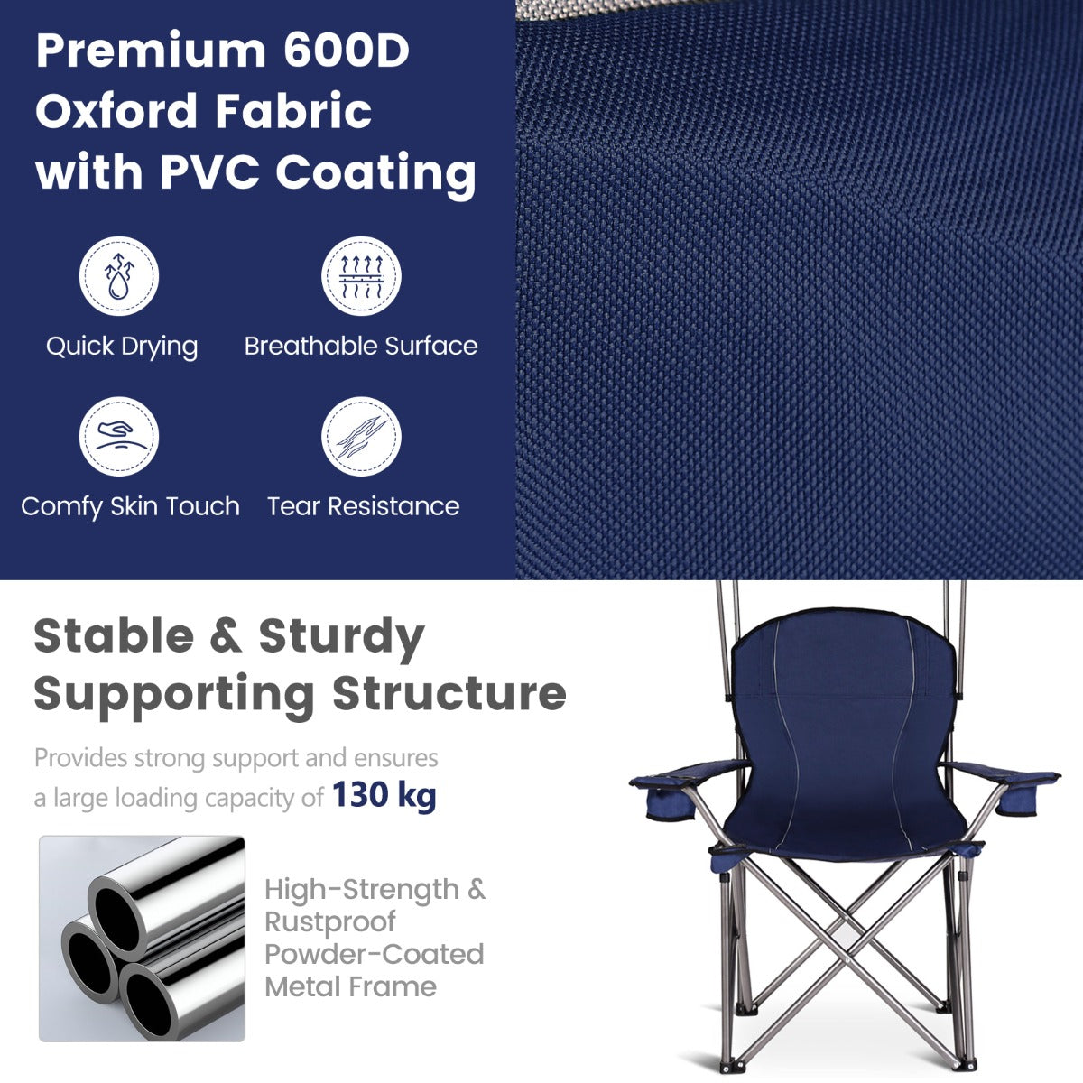 Folding Camping Chair with Adjustable Canopy and Dual Cup Holders, Blue