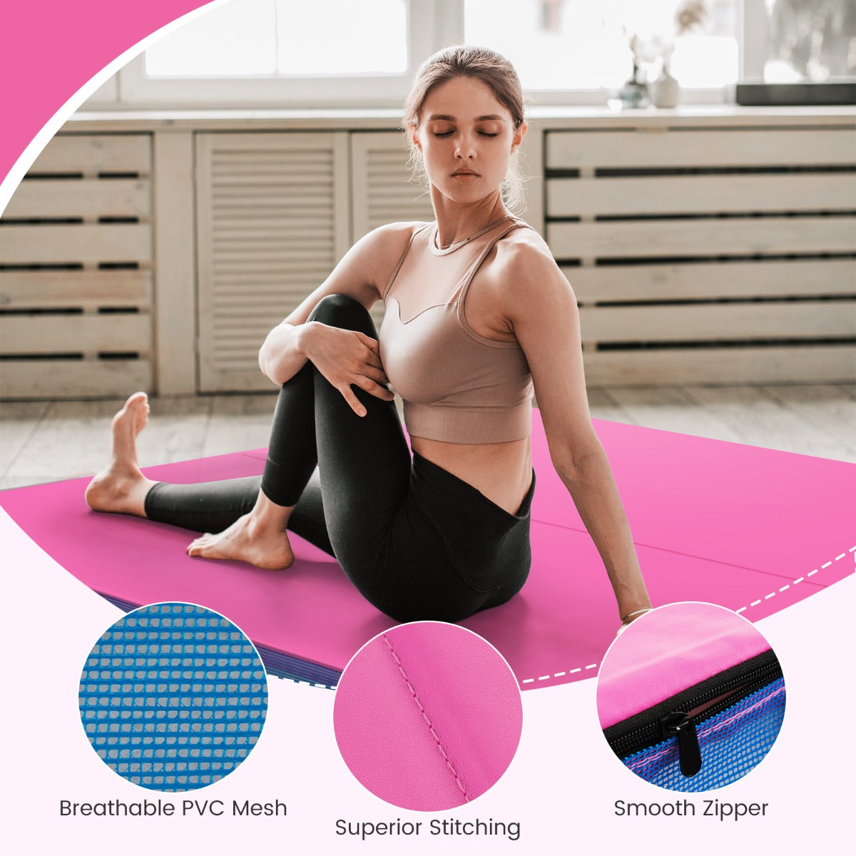 Compact folding workout mat stores neatly under a bed or in a corner when not in use