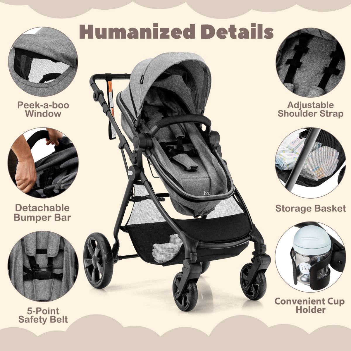 Folding Infant Stoller with Adjustable Canopy and Backrest for Kids