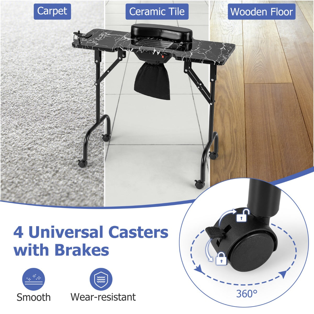 Folding Manicure Table with Dust Collector and Adjustable LED Lamp - Black