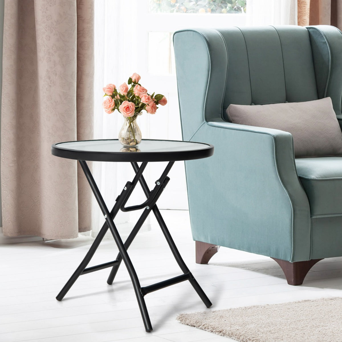 Folding Patio Side Table with Tempered Glass Tabletop
