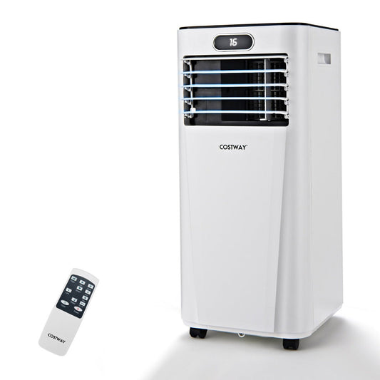 Compact portable air conditioner with recessed handle and rolling wheels for easy movement around the home