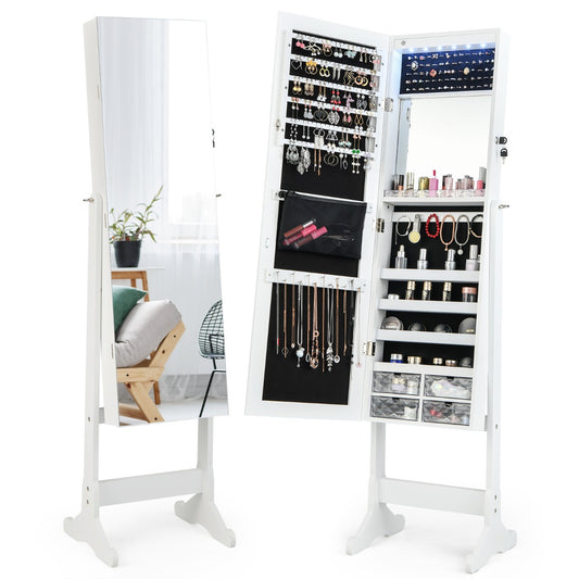Costway Free Standing Lockable Jewelry Armoire with Full-length Frameless Mirror-White