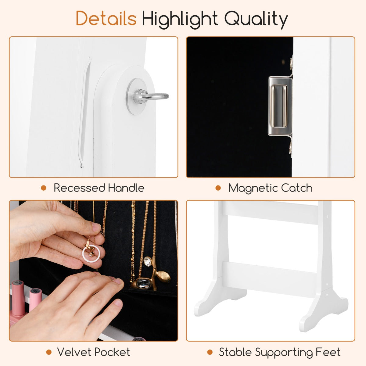 Freestanding Jewelry Cabinet with Full-Length Mirror and LED Lights-White