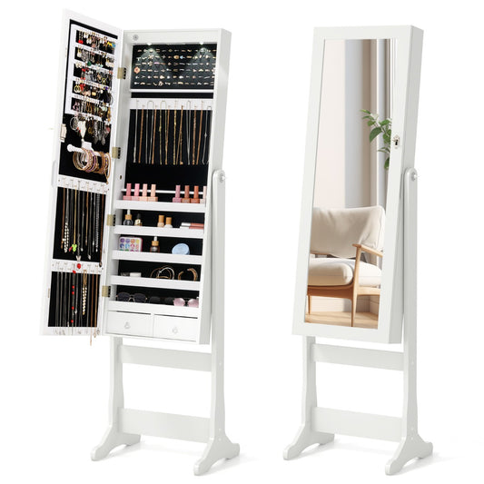 Freestanding Jewelry Cabinet with Full-Length Mirror and LED Lights-White