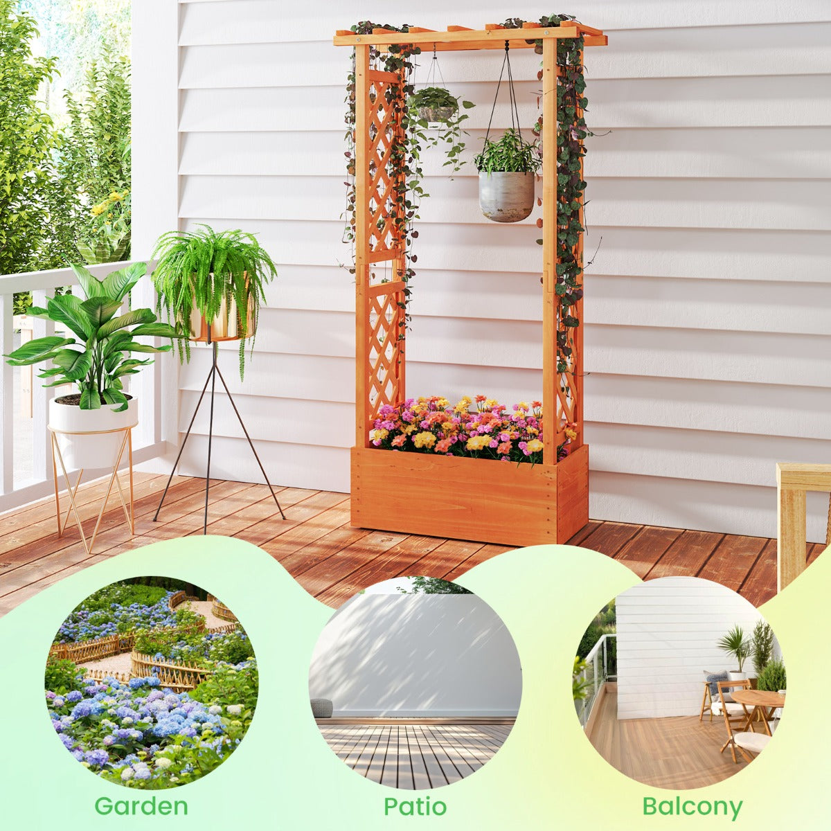 Freestanding Wood Raised Garden Bed Planter Box with Trellis-Orange