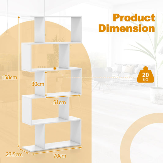 Unique S-shaped design works as a bookcase, display shelf, or room divider in many living spaces