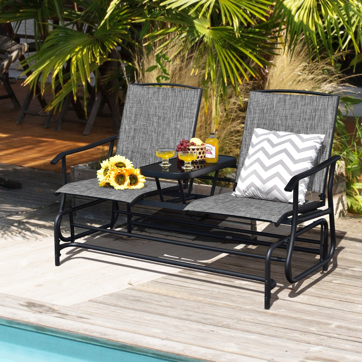 Outdoor rocking loveseat with stable feet, supportive armrests and simple assembly instructions