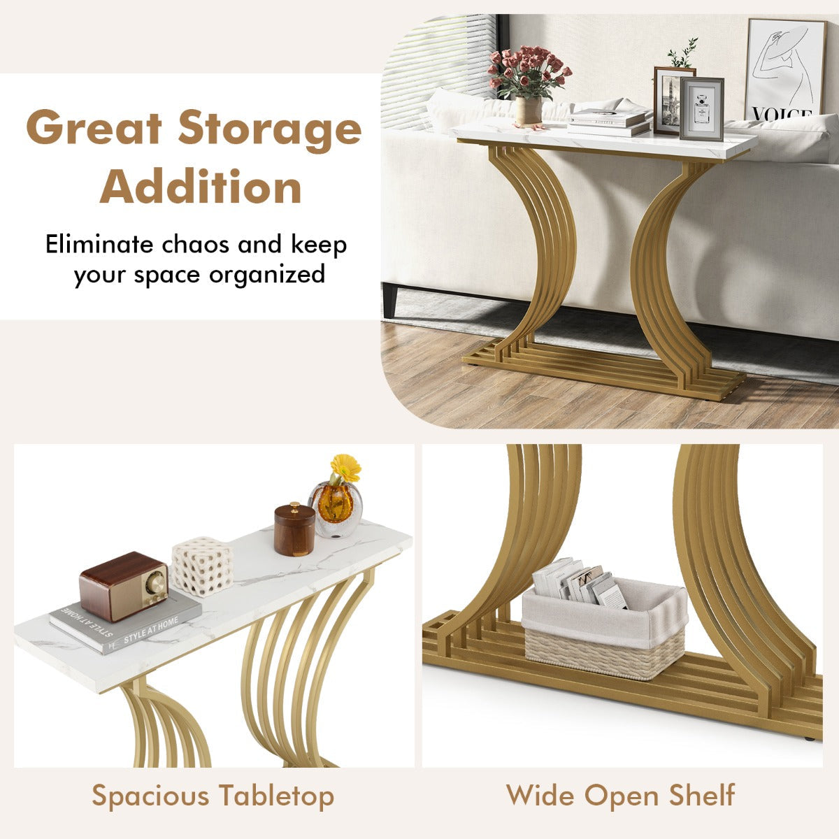 Adjustable foot pads keep the hallway table level and stable on uneven flooring surfaces