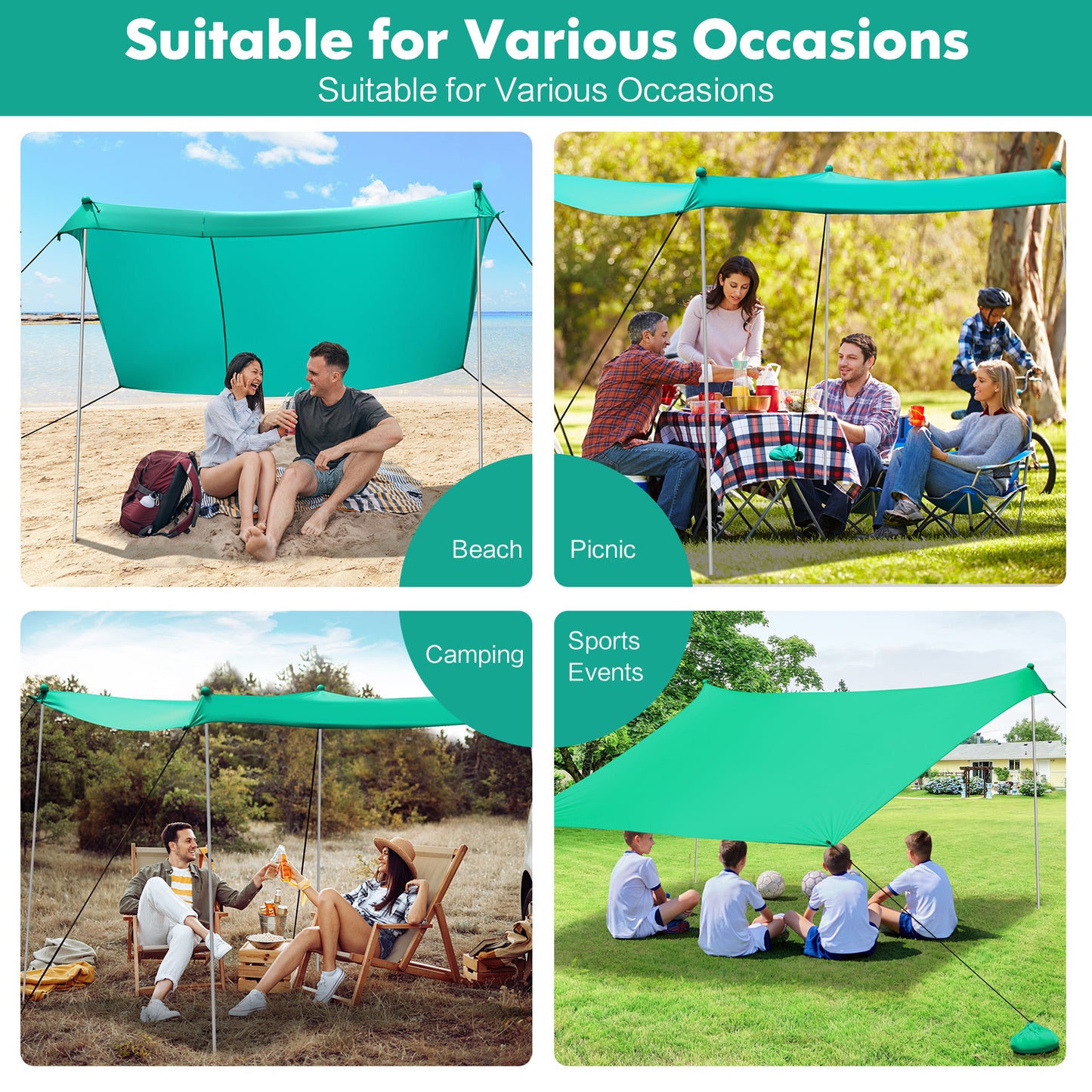 2-Size Beach Sunshade Canopy with Sandbags & Carry Bag for Beach, Trip-Green-300 x 280 x 200 cm
