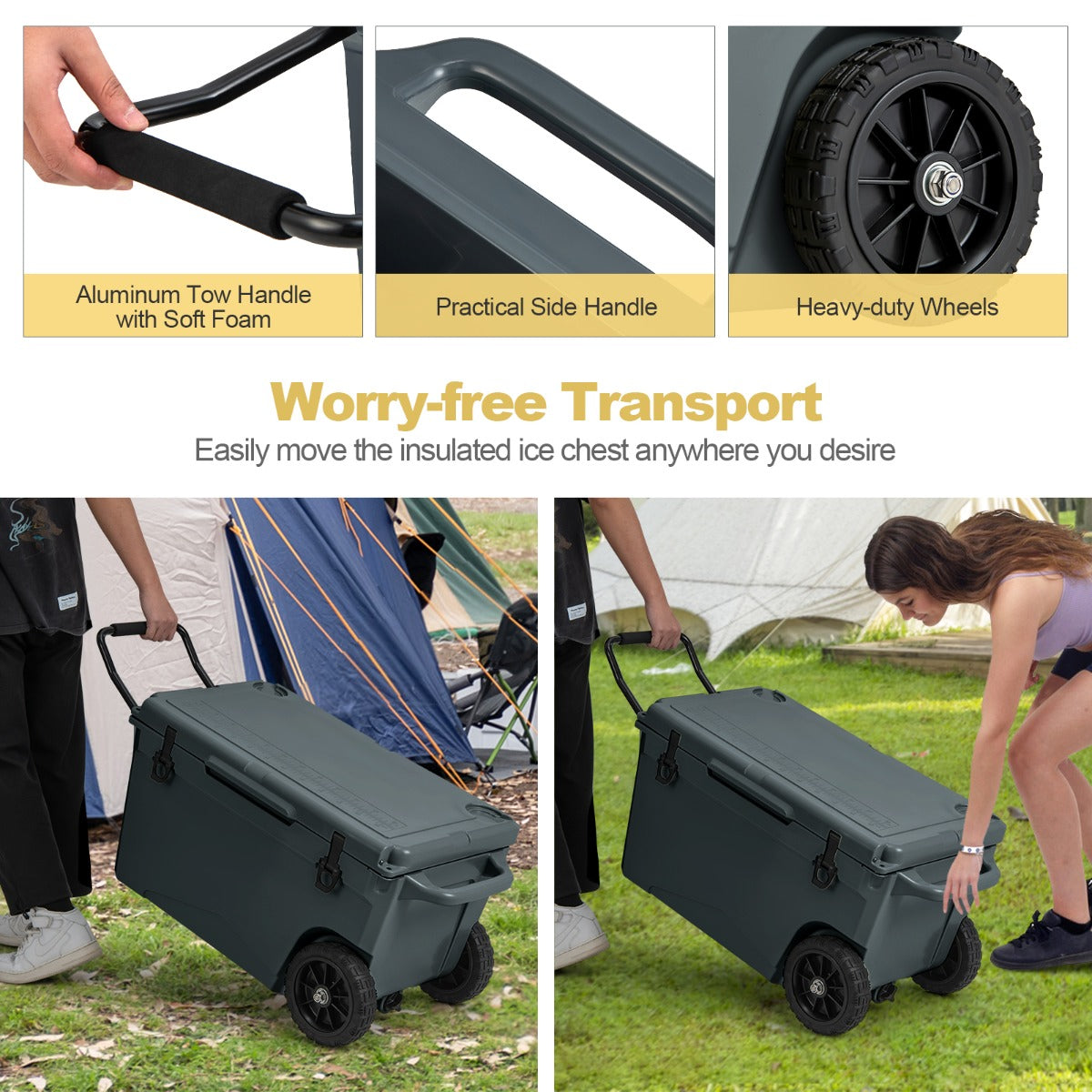 Portable 71L Cooler with Wheels & Handles, Keeps Cold/Warm for Days