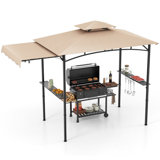 Grill Gazebo with Side Awning Outdoor BBQ Gazebo with 2 Side Shelves-Beige