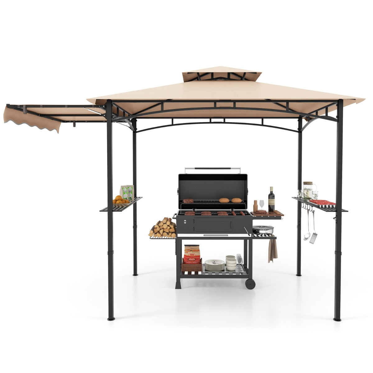 Grill Gazebo with Side Awning Outdoor BBQ Gazebo with 2 Side Shelves-Beige