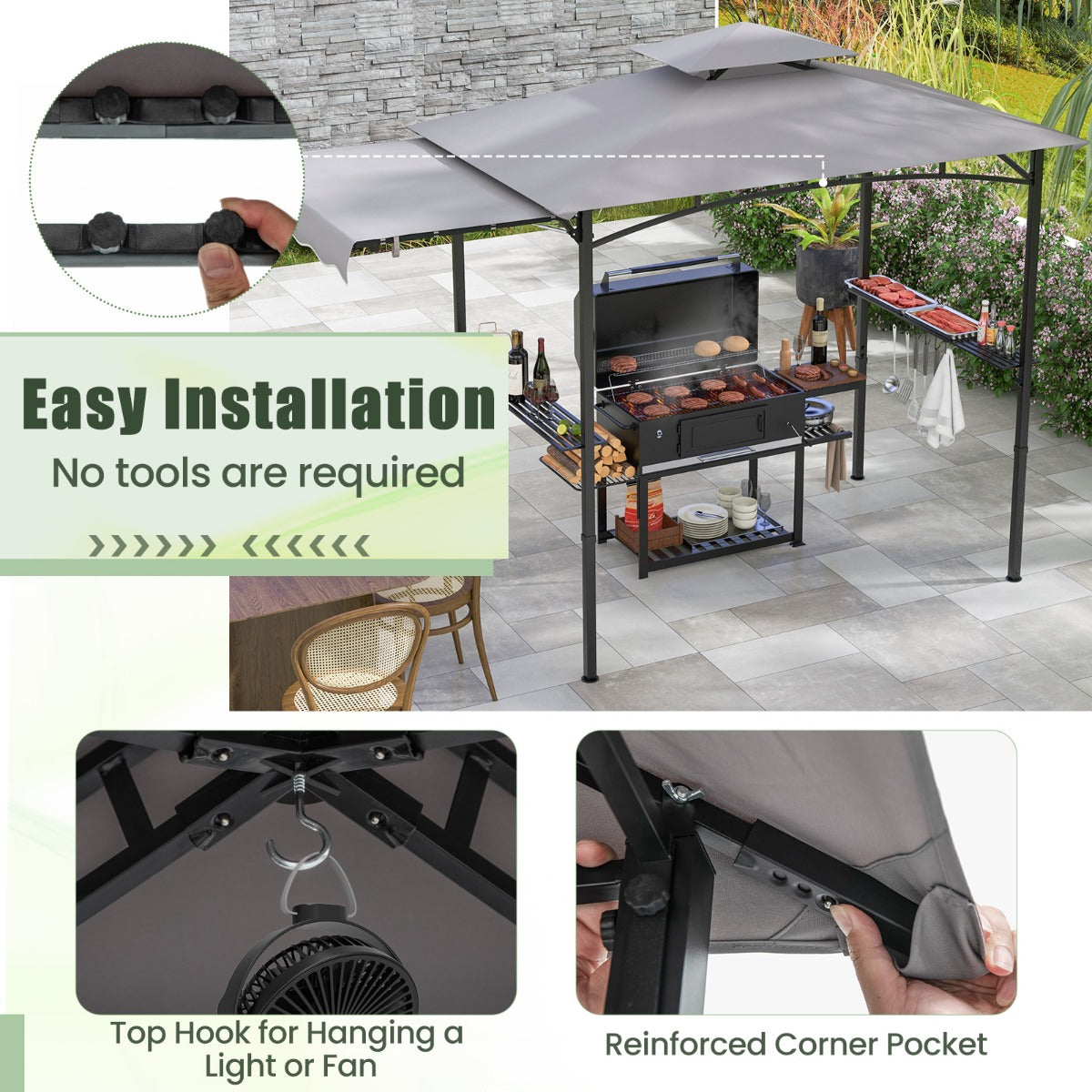 Grill Gazebo with Side Awning Outdoor BBQ Gazebo with 2 Side Shelves-Grey