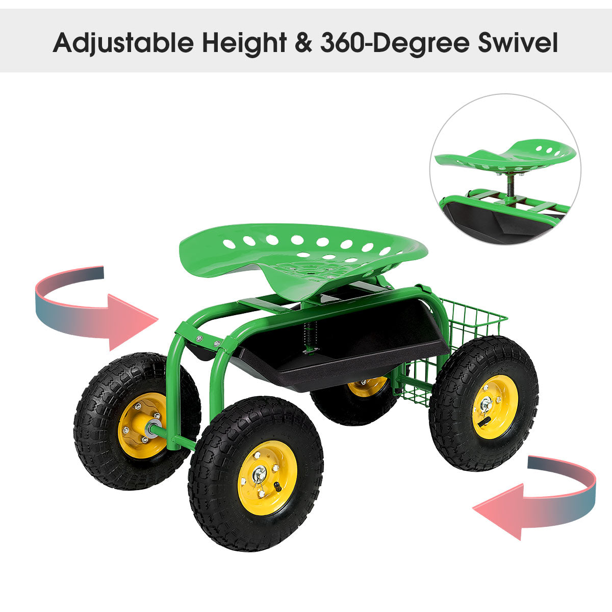 Rolling Garden Cart With Tool Tray Work Seat For Gardening-Green