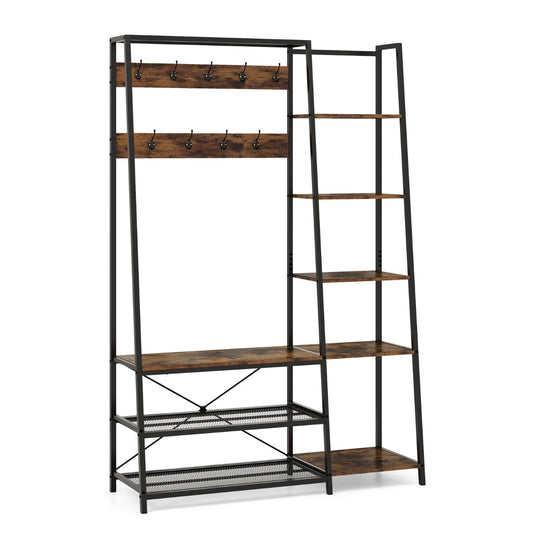 Industrial entryway coat rack with nine hooks and five side shelves for everyday essentials