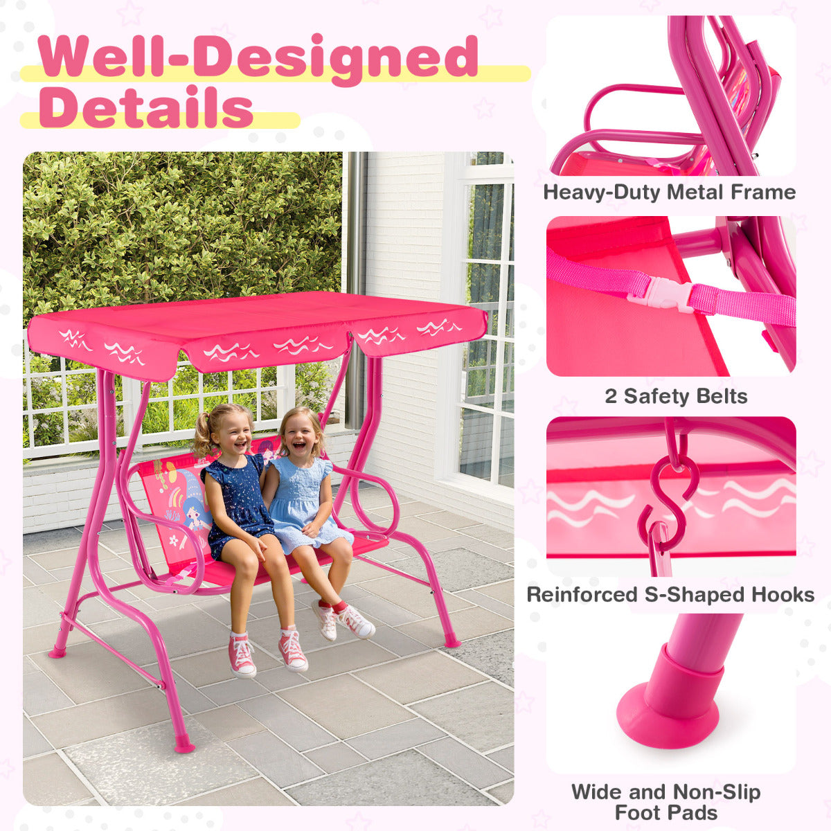 Hanging Patio Swing Bench with Adjustable Tilt Canopy-Pink