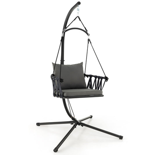 Indoor and outdoor hanging swing chair includes thick seat and back cushions for enhanced lounging comfort