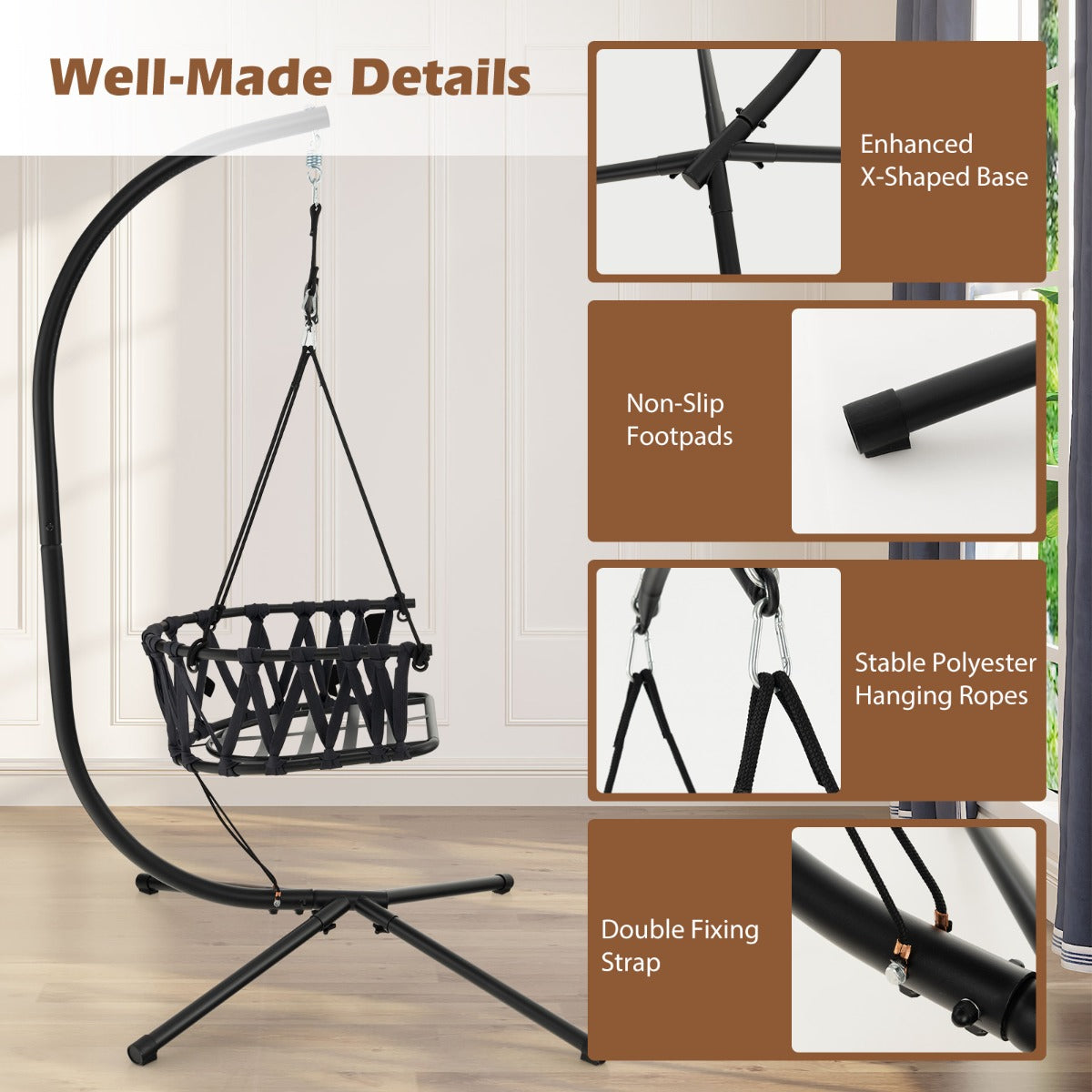 Spacious cushioned swing chair supports up to 150 kilograms for comfortable everyday relaxation indoors or outside