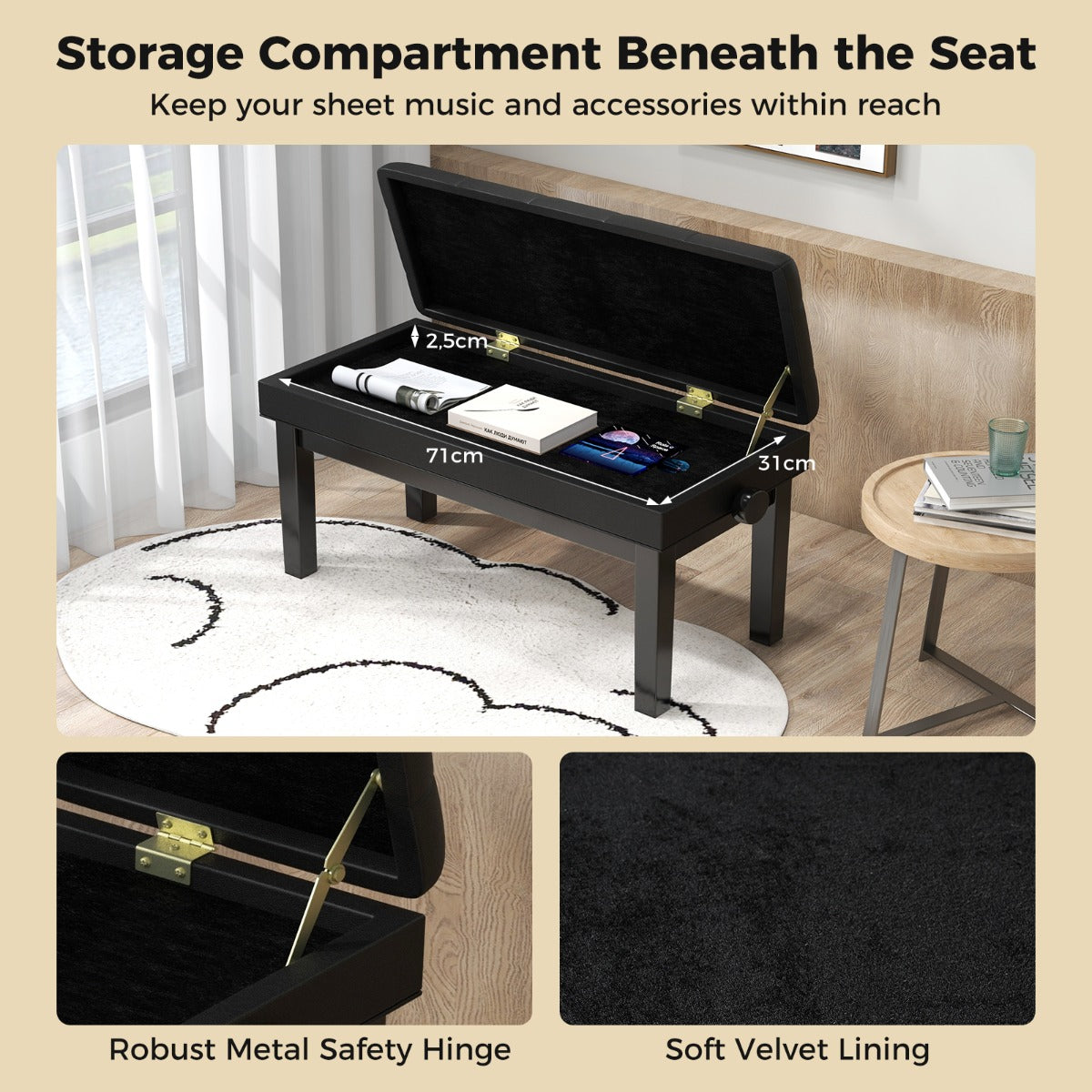 Height-adjustable Piano Bench with Double Seat for 2 People