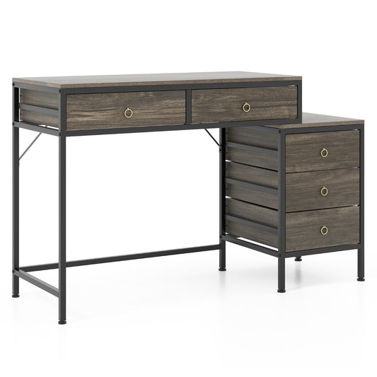 Home Office Computer Desk with 5 Drawers and Side File Cabinet-Grey