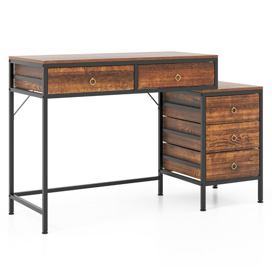 Home Office Computer Desk with 5 Drawers and Side File Cabinet-Rustic Brown