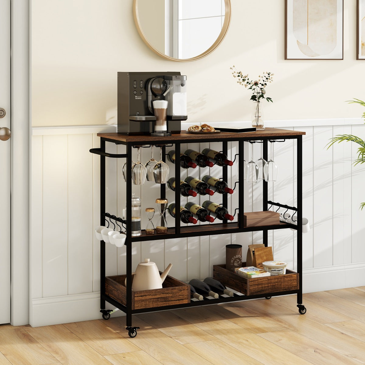 Costway Home Serving Cart on Wheels with Glass Racks for Kitchen Dining Room and Living Room-Rustic Brown