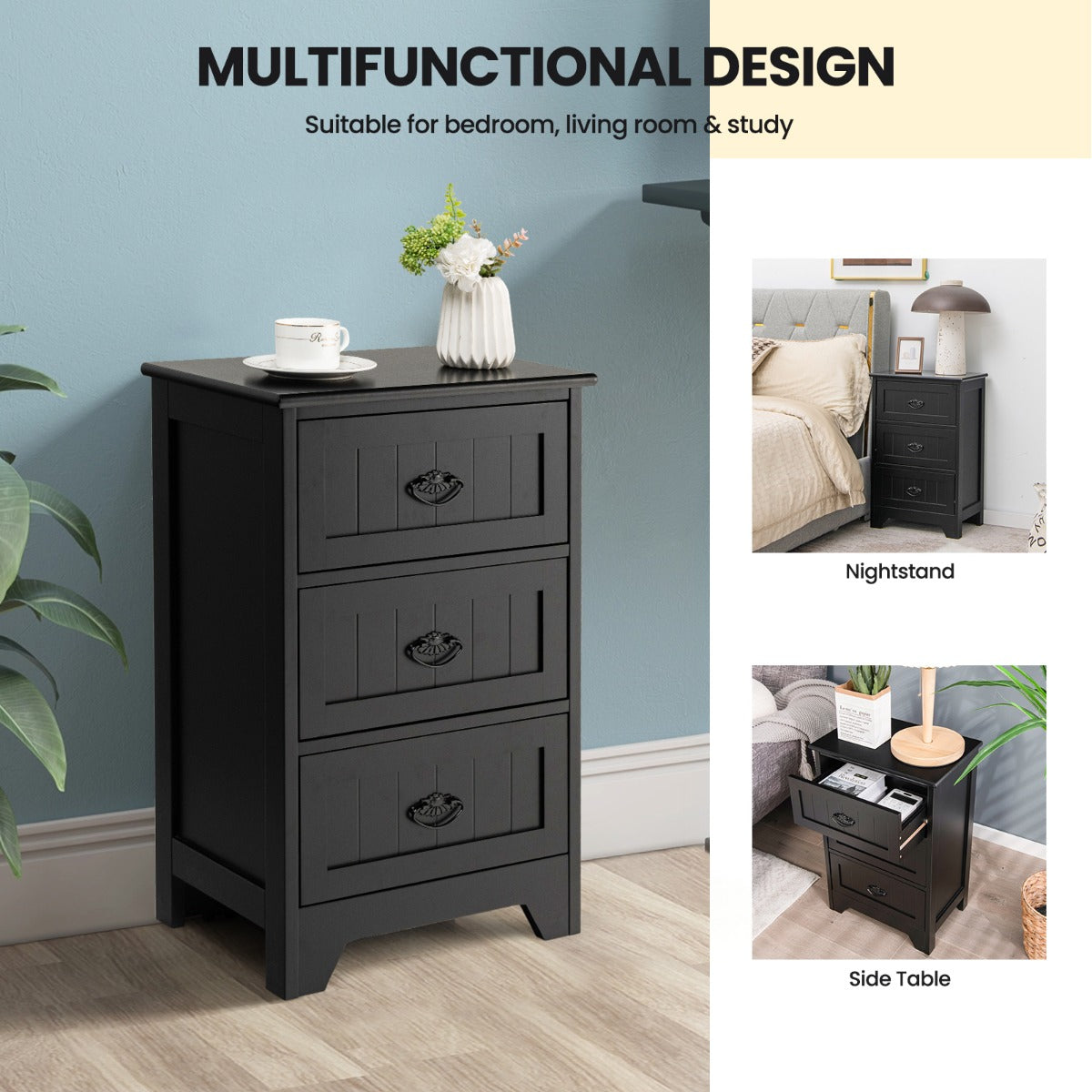 3-Drawer Vintage Bedside Table with Metal Handles & Anti-toppling Device-Black