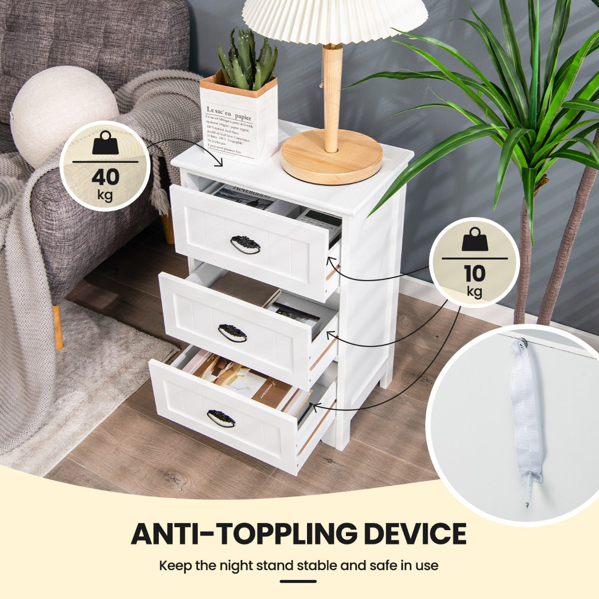 3-Drawer Vintage Bedside Table with Metal Handles & Anti-toppling Device-White