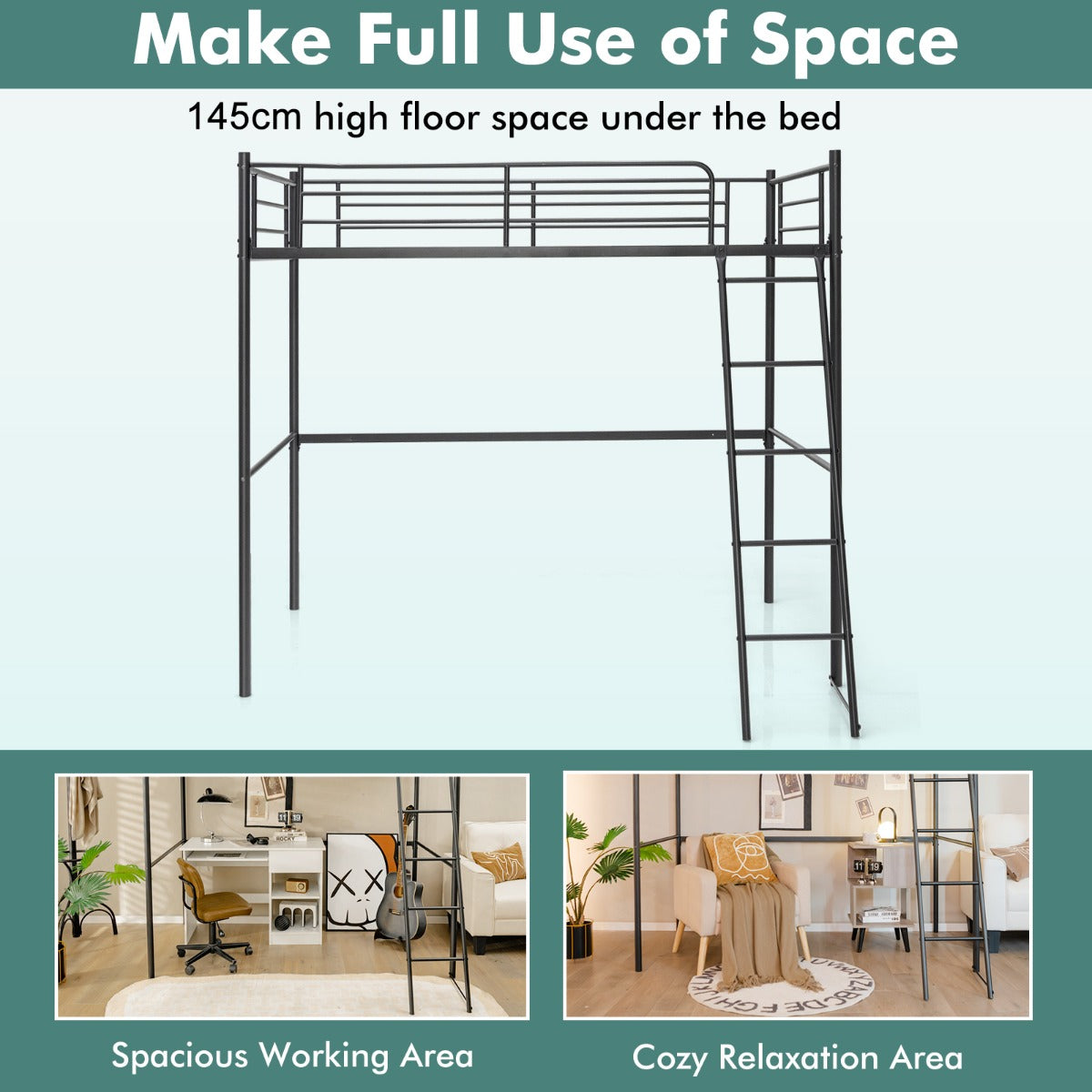 Loft bed requires wall fixing for stability and fits mattresses approximately 13 to 15 cm thick